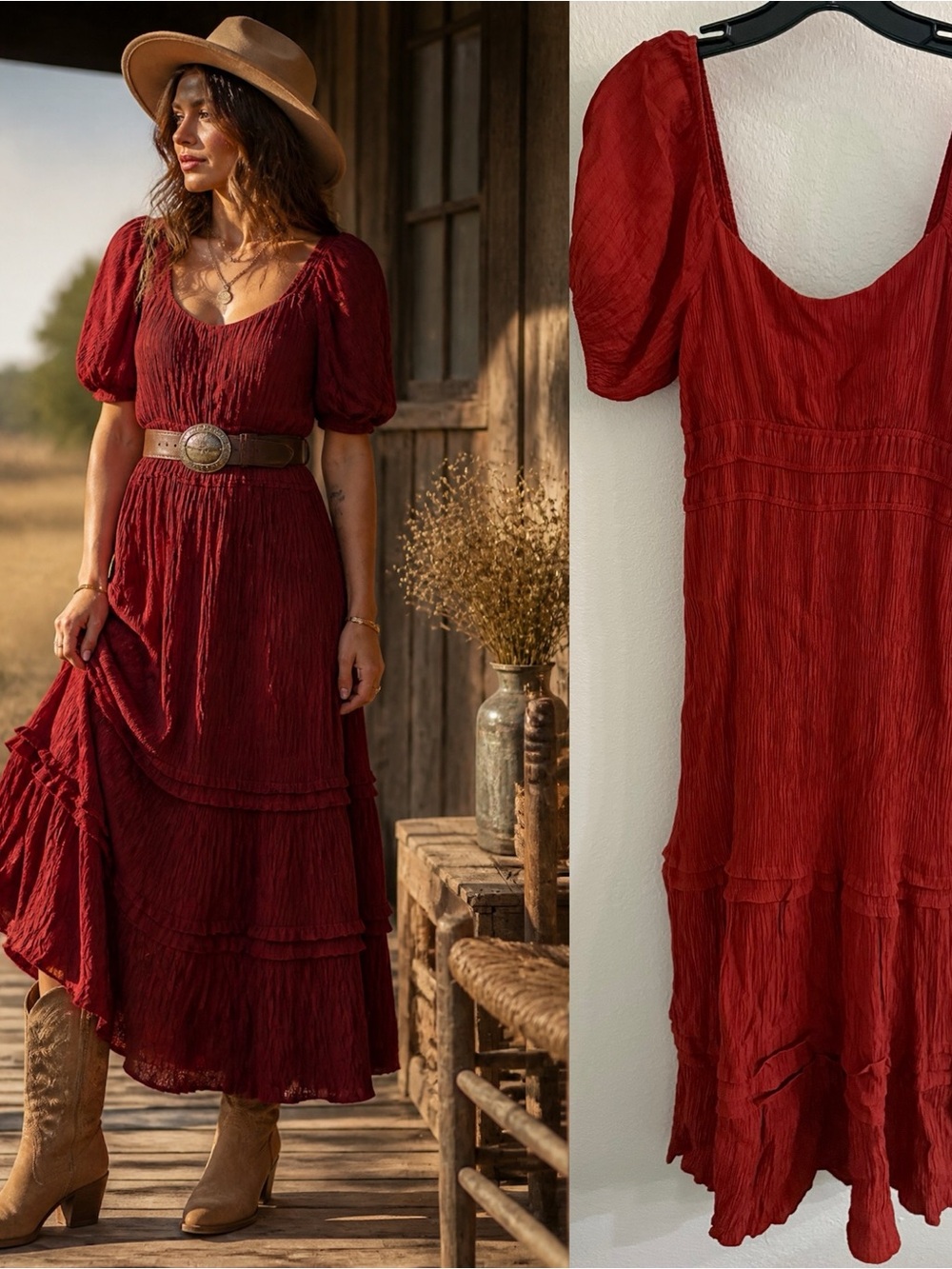 MAX + ASH Rust Crinkle Tiered Midi Dress Puff Sleeve Boho Western Cottagecore Si